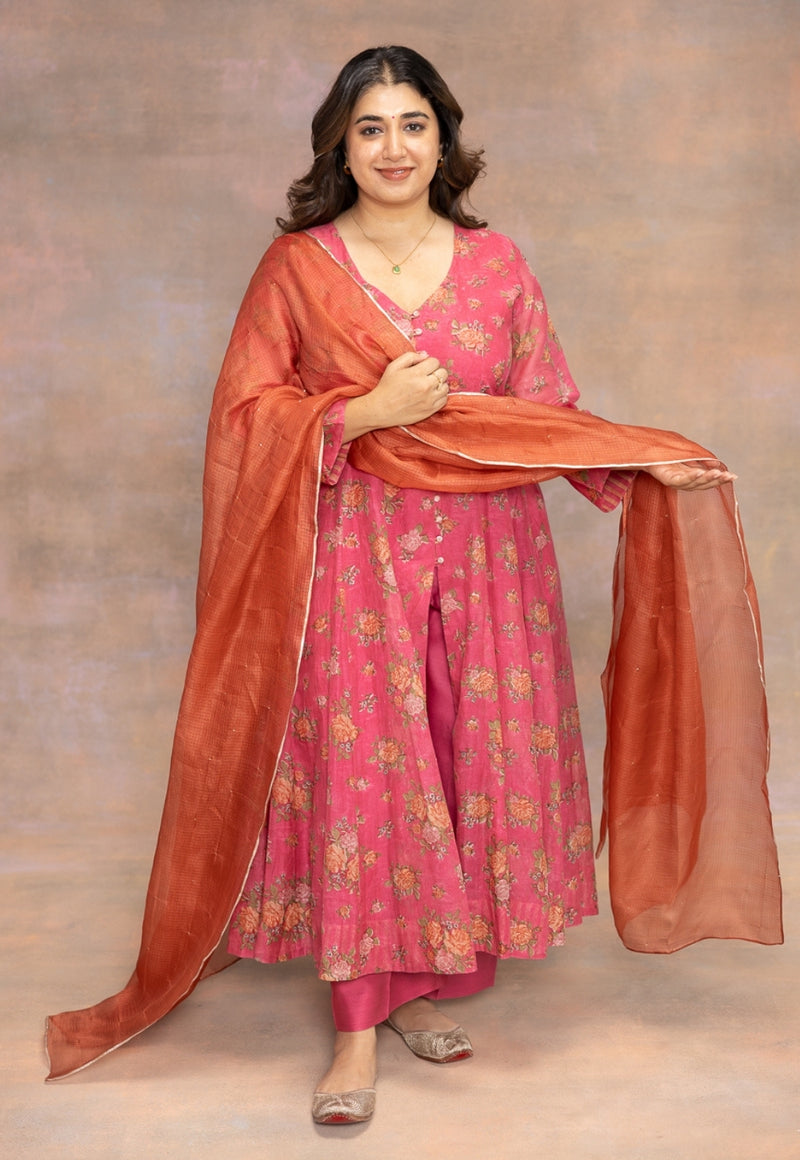 Orange Solid Kota Doria Silk Dupatta with Mukaish Detailing