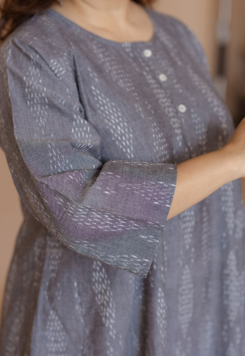 Alizah Grey Handloom Ikkat Cotton Jhabbha Kali Kurta