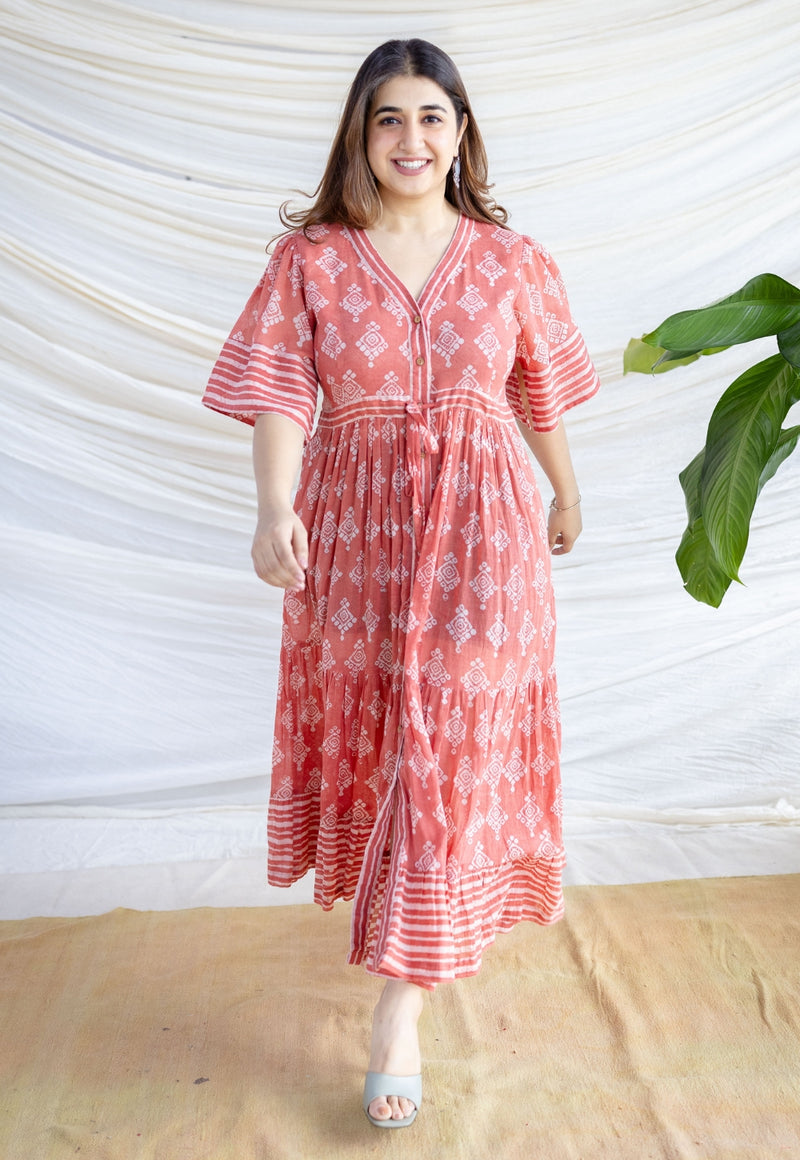 Zara Red Batik MulMul Cotton A Line Dress