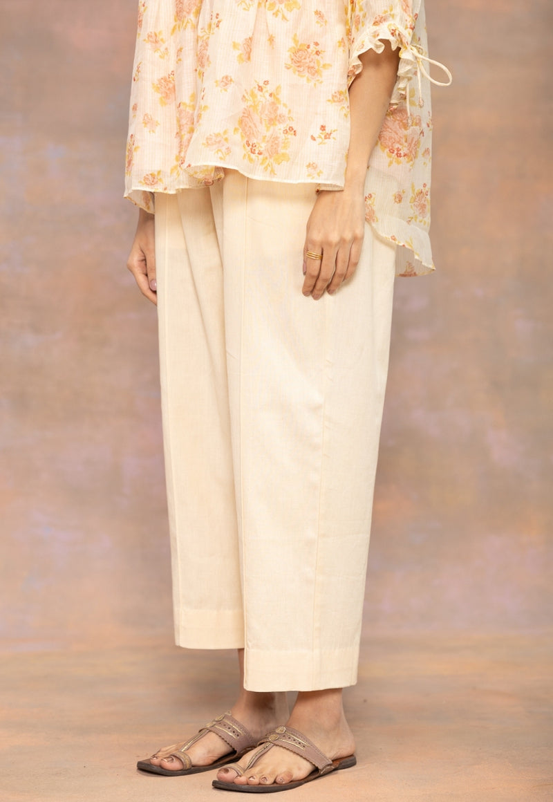 Myra Beige Solid Cotton Flex Narrow Pant