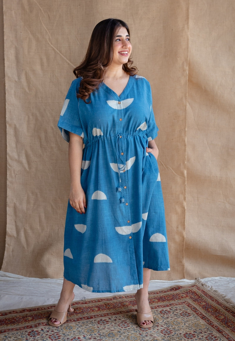 Emara Indigo Dabu Slub Cotton Loose Dress with Embroidery