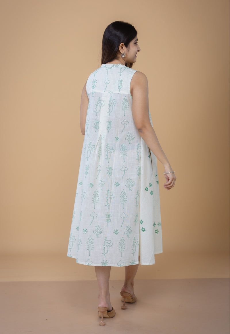 Feriha White Dabu Slub Cotton A Line Dress