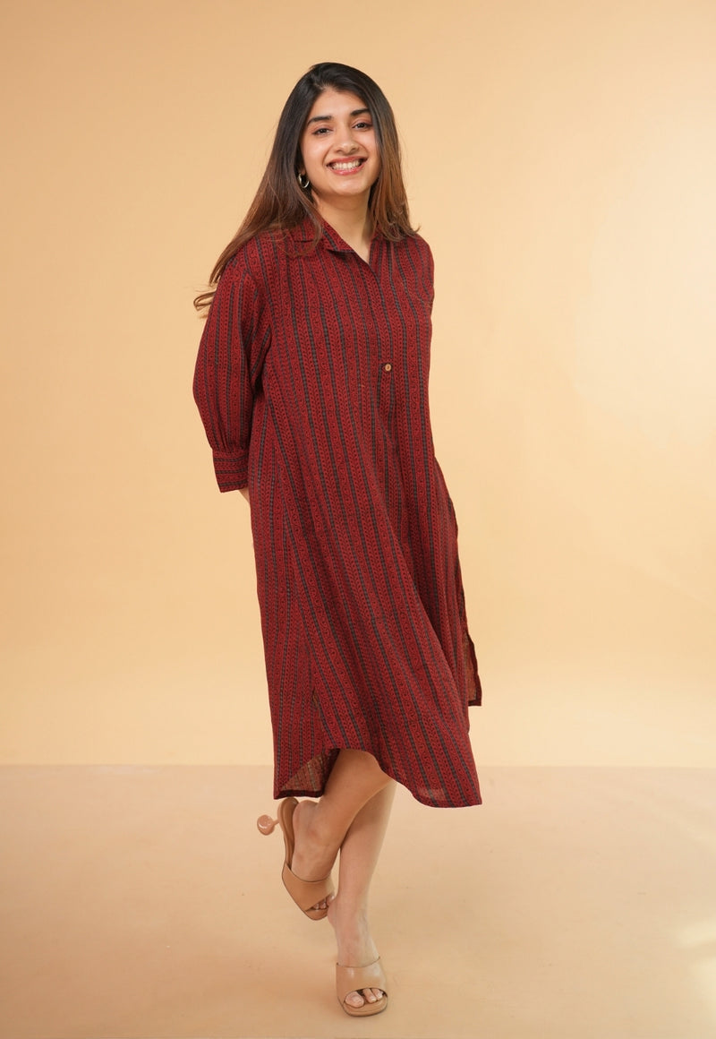 Ridah Red Ajrakh Crush Cotton A Line Dress