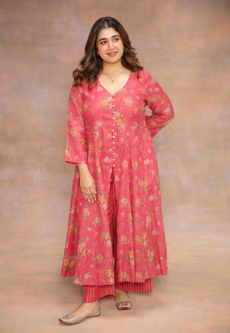 Rosaline Pink Sanganeri Chanderi Silk Kali Kurta with Hand Embroidery
