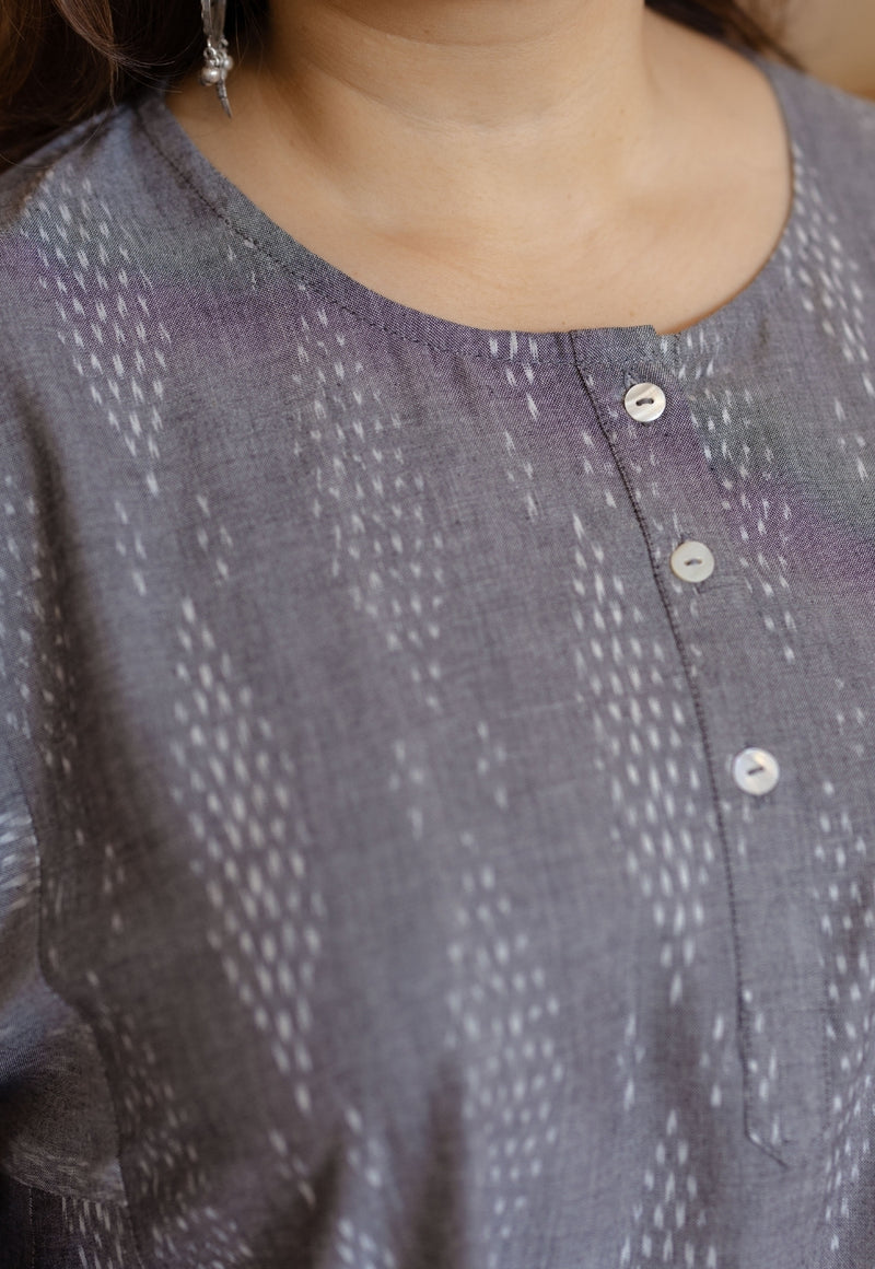 Alizah Grey Handloom Ikkat Cotton Jhabbha Kali Kurta