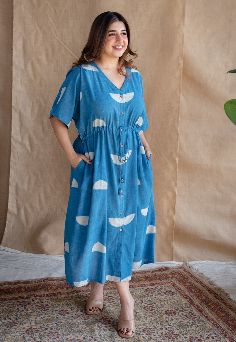 Emara Indigo Dabu Slub Cotton Loose Dress with Embroidery