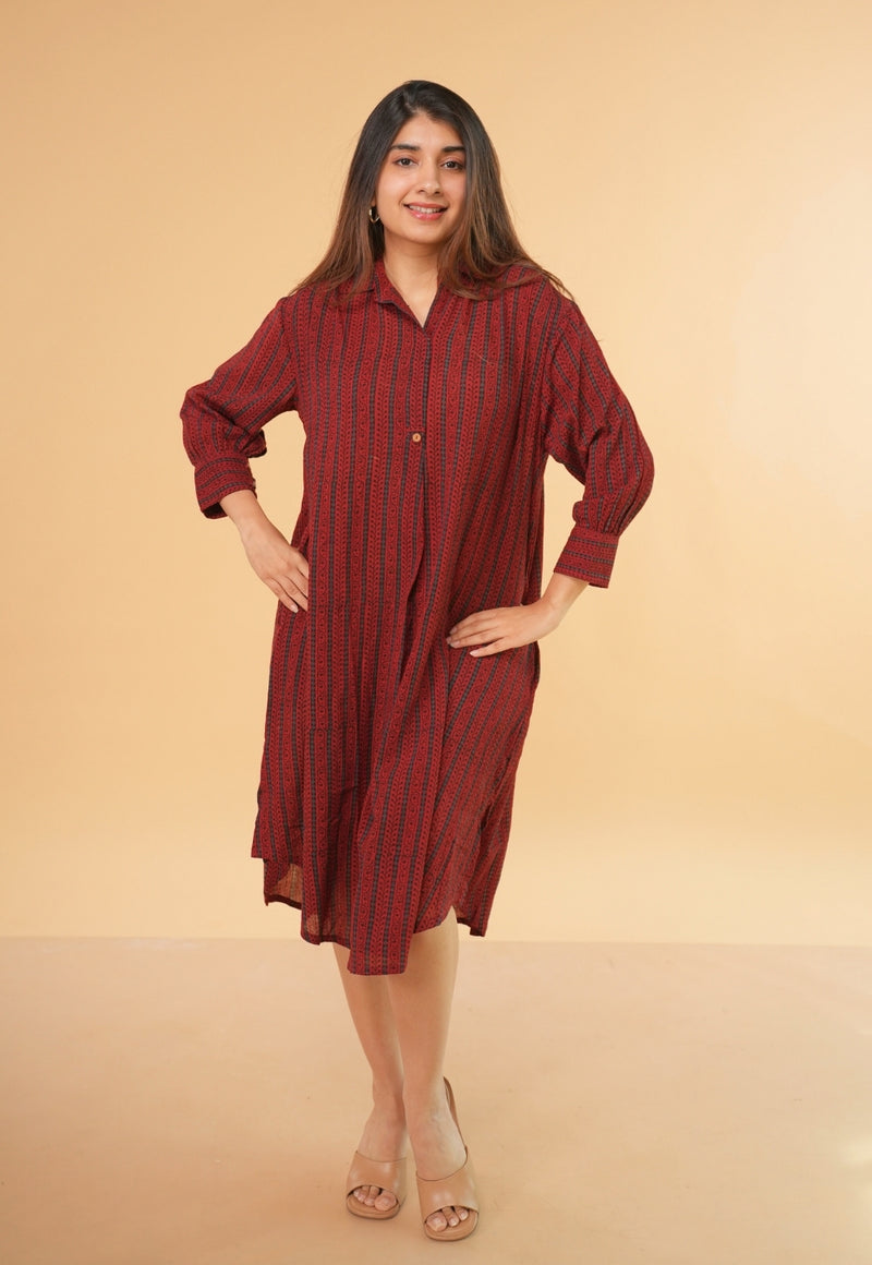 Ridah Red Ajrakh Crush Cotton A Line Dress