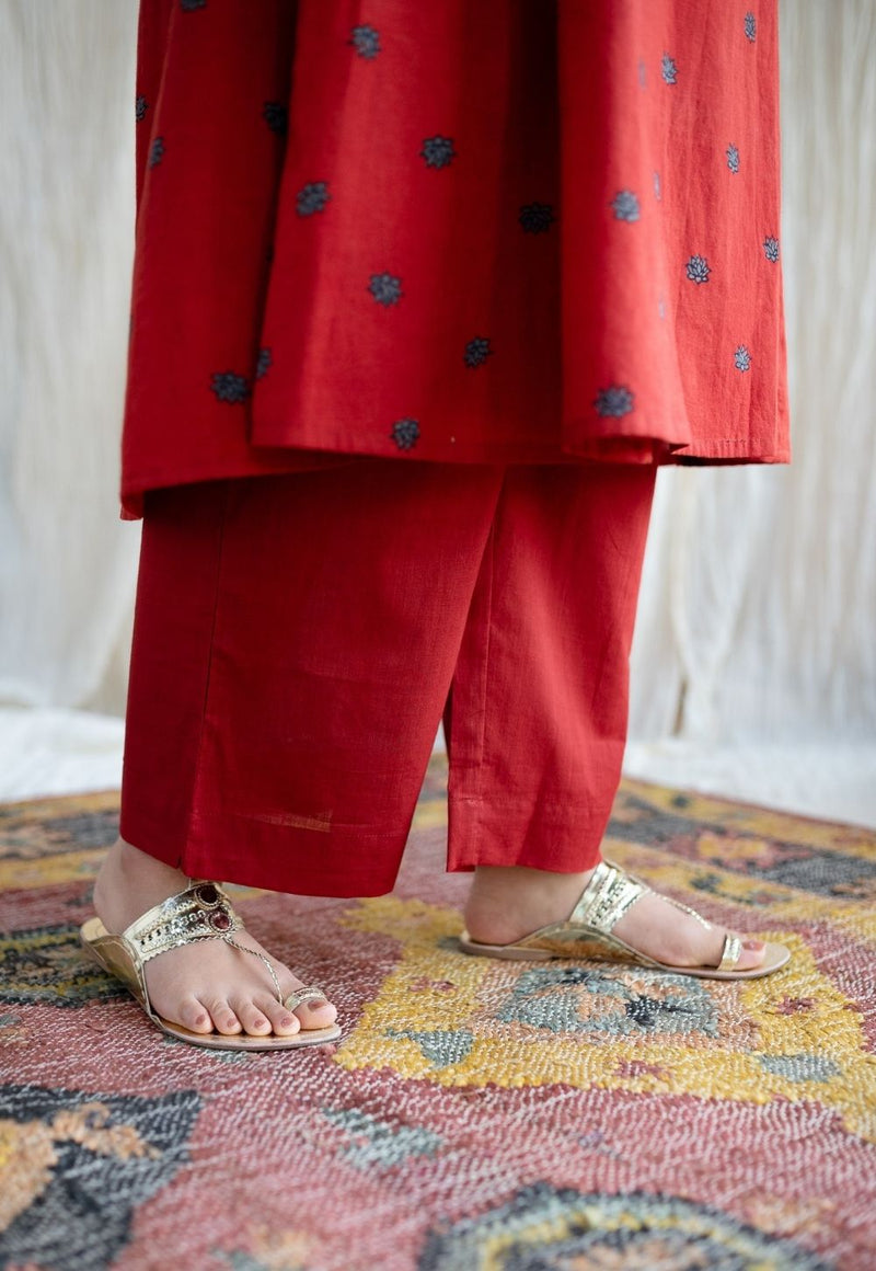 Kamal Red Ajrakh Cotton Kali Kurta with Hand Embroidery