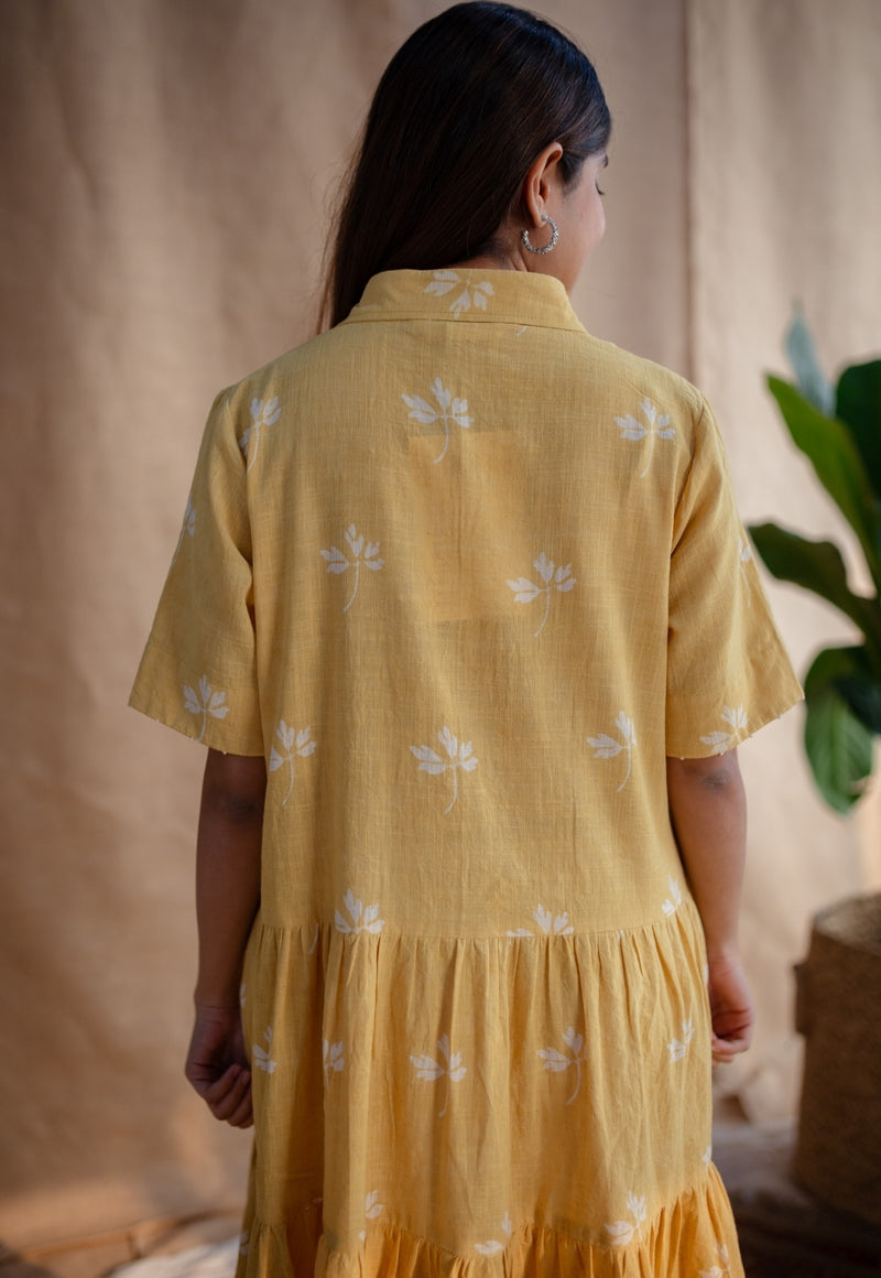 Zinat Yellow Dabu Slub Cotton A Line Dress with Embroidery