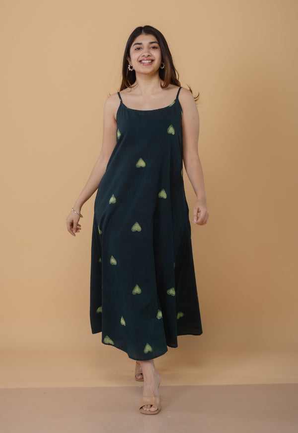 Viaana Green Dabu Cotton A Line Dress