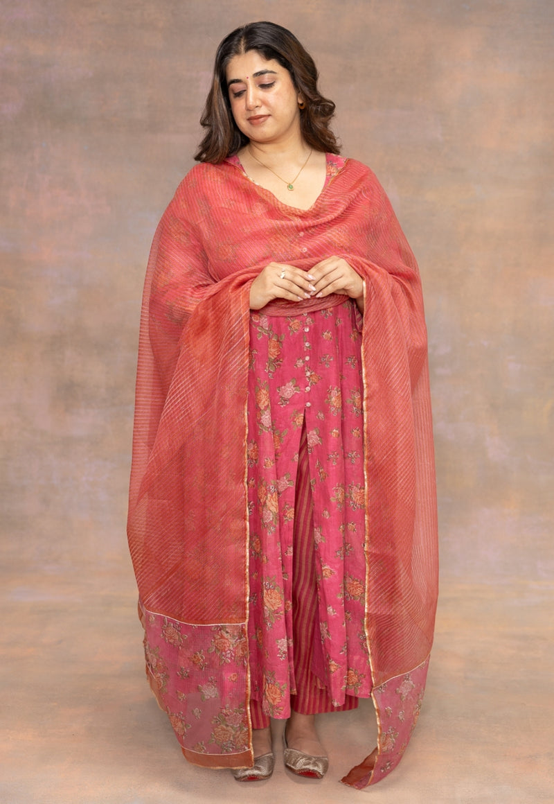 Rosaline Pink Sanganeri Kota Doria Silk Dupatta