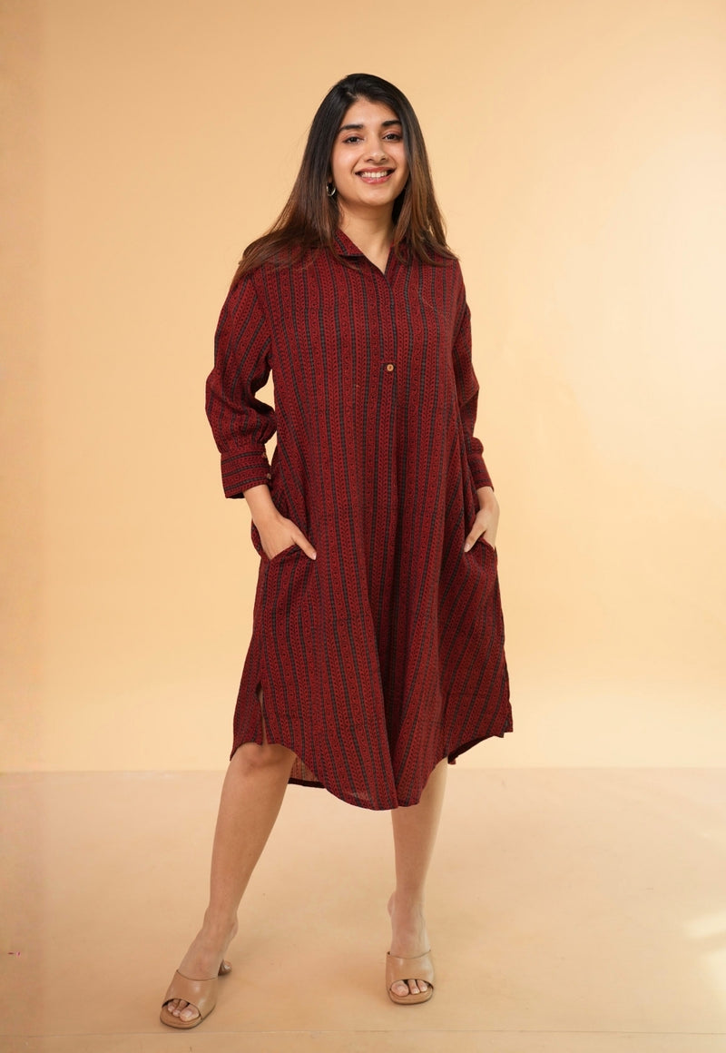 Ridah Red Ajrakh Crush Cotton A Line Dress