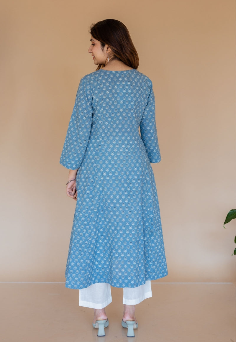 Malika Blue Ajrakh Cotton Kali Kurta