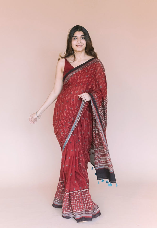 Red Aztec Ajrakh Hand Block Print Mul Saree