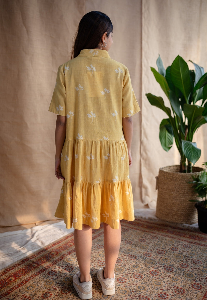 Zinat Yellow Dabu Slub Cotton A Line Dress with Embroidery