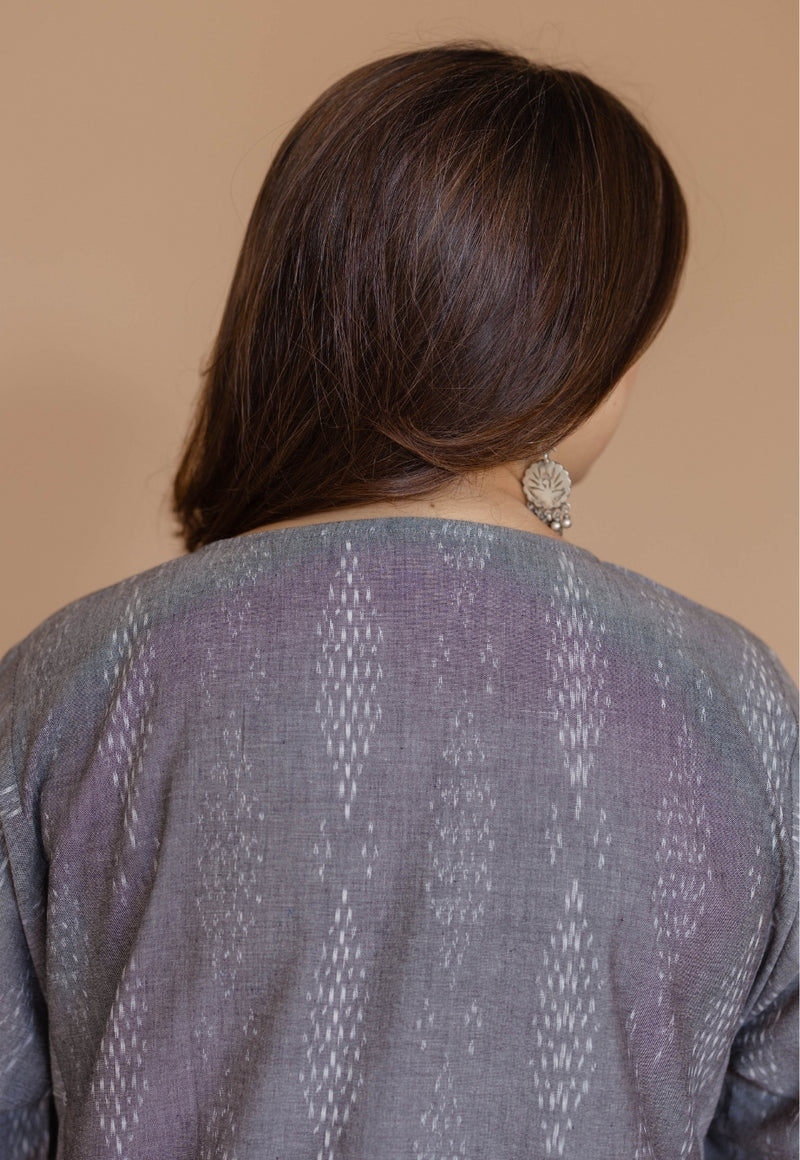 Alizah Grey Handloom Ikkat Cotton Jhabbha Kali Kurta
