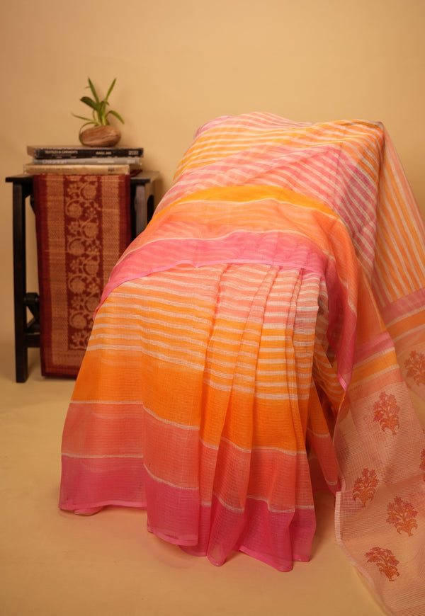 Pink Floral Sanganeri Hand Block Print Kota Doria Saree