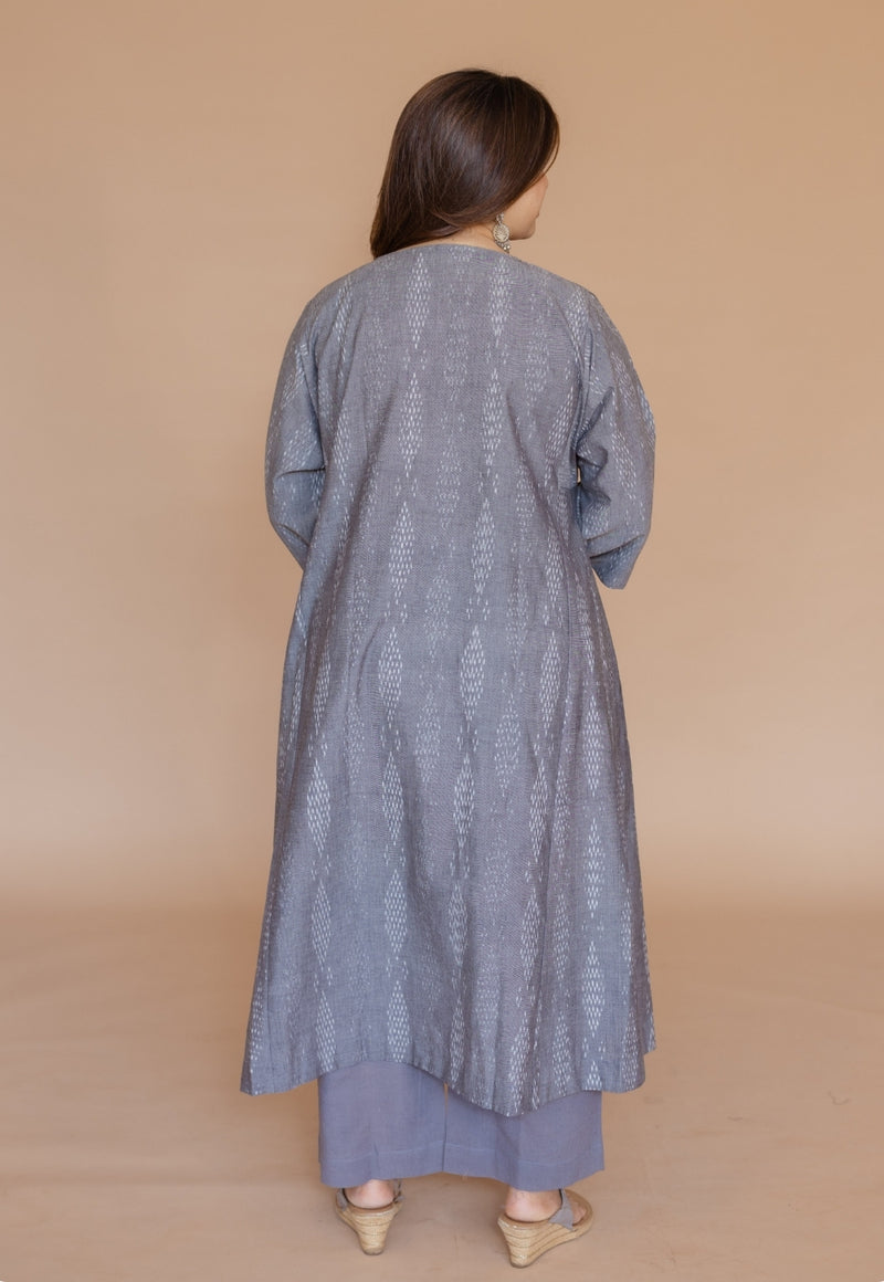 Alizah Grey Handloom Ikkat Cotton Jhabbha Kali Kurta