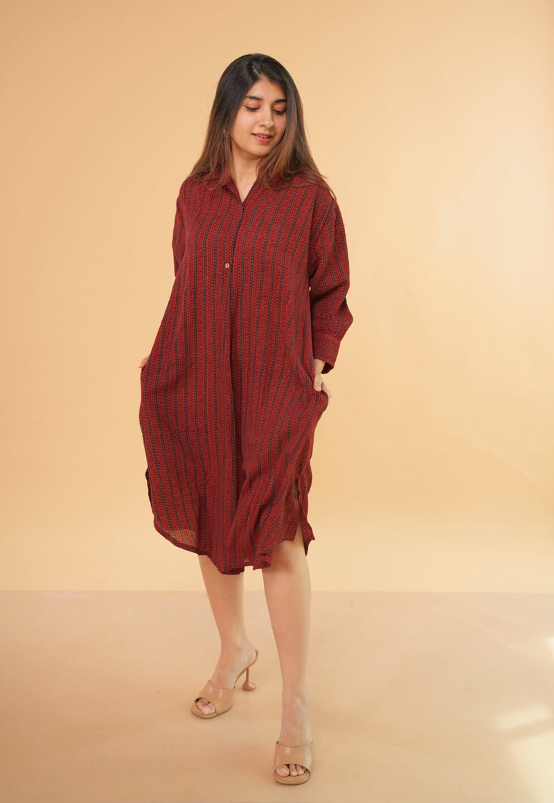 Ridah Red Ajrakh Crush Cotton A Line Dress
