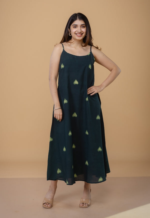 Viaana Green Dabu Cotton A Line Dress