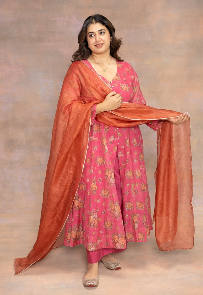 Rosaline Pink Sanganeri Chanderi Silk Kali Kurta with Hand Embroidery