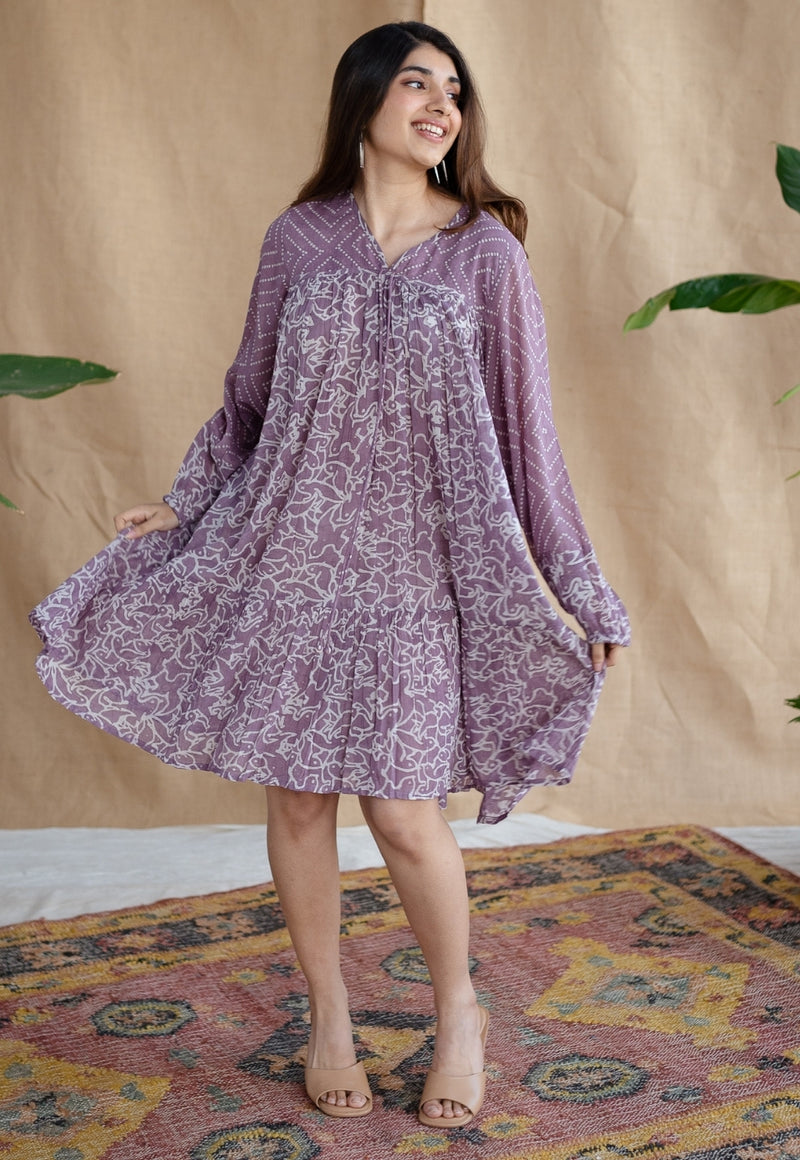 Aanvi Lavender Batik MulMul Cotton Loose Dress