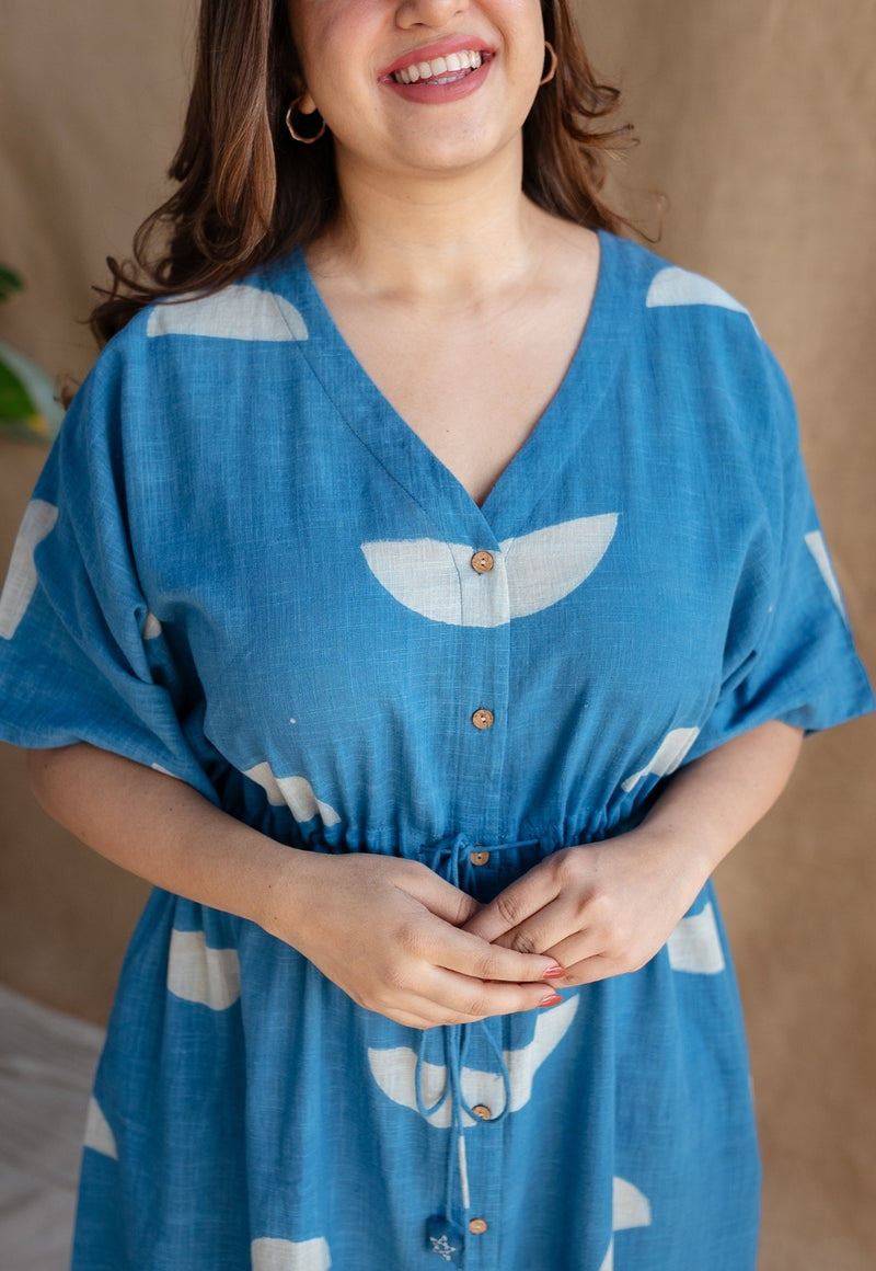 Emara Indigo Dabu Slub Cotton Loose Dress with Embroidery