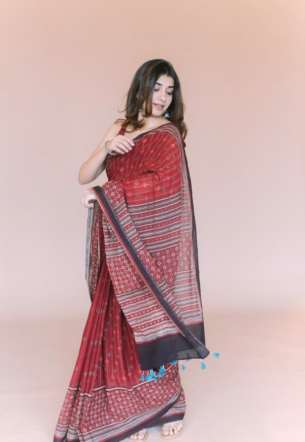 Red Aztec Ajrakh Hand Block Print Mul Saree