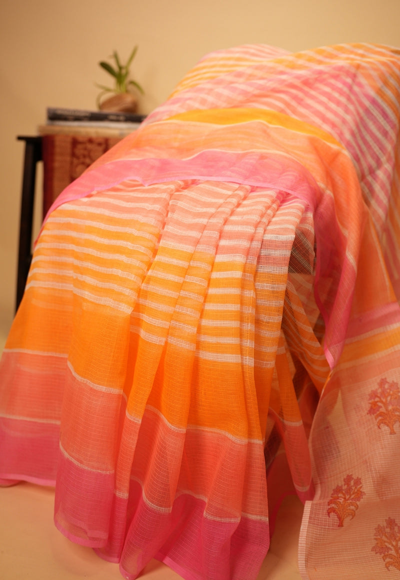 Pink Floral Sanganeri Hand Block Print Kota Doria Saree