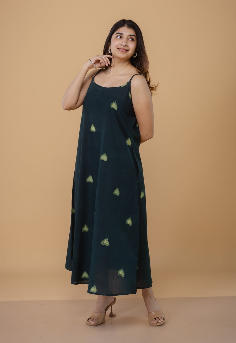 Viaana Green Dabu Cotton A Line Dress