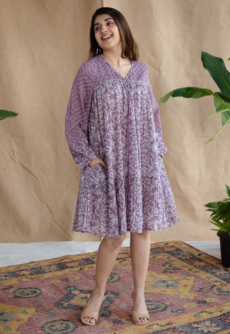 Aanvi Lavender Batik MulMul Cotton Loose Dress