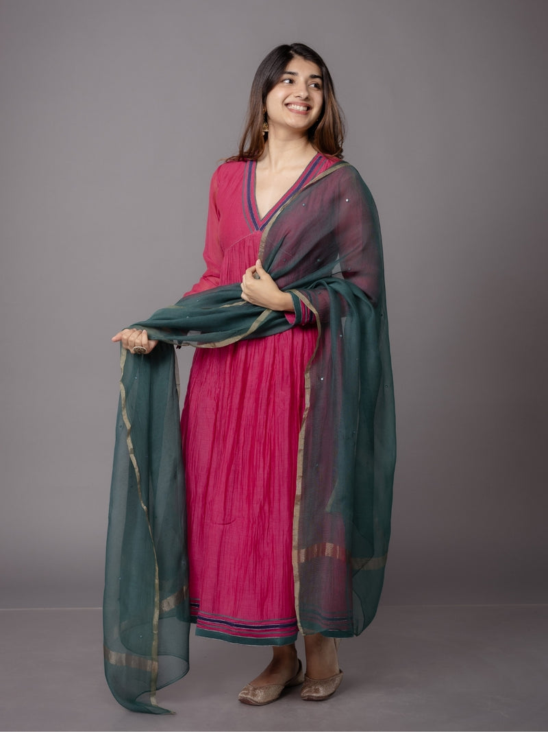 Green Solid Zari SIlk Net Dupatta with Hand Embroidery