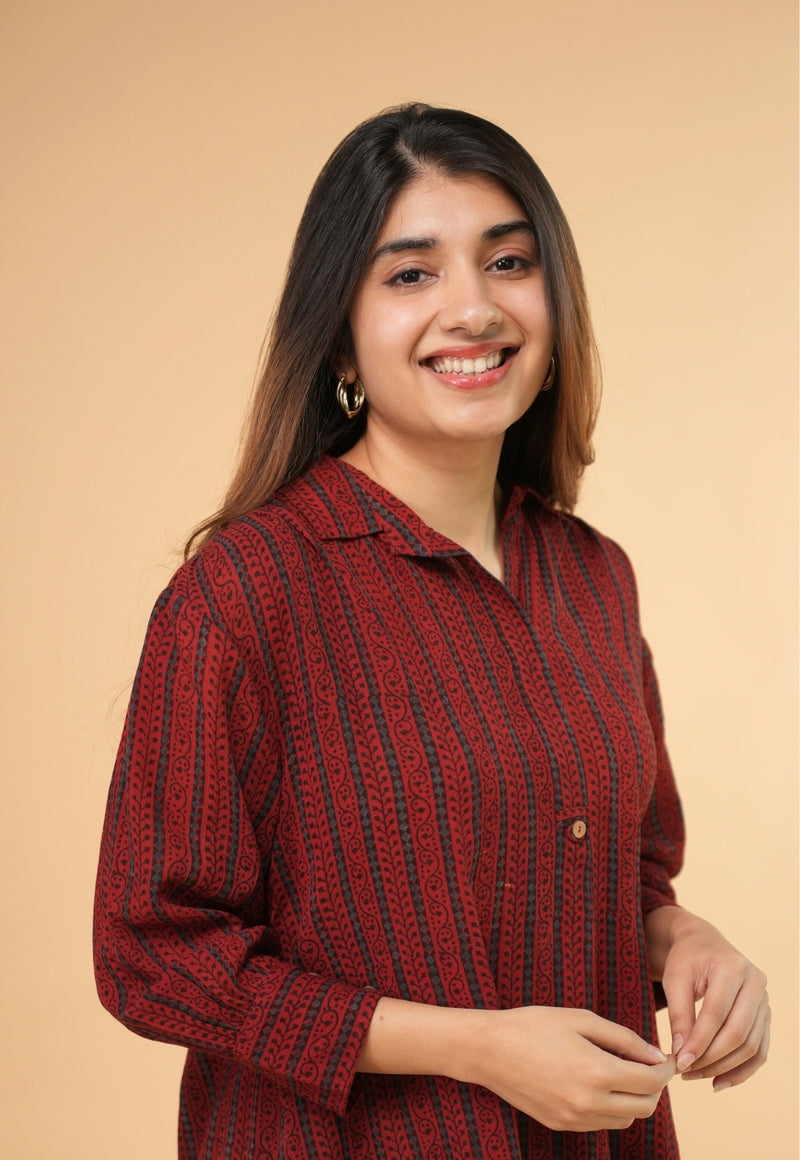 Ridah Red Ajrakh Crush Cotton A Line Dress