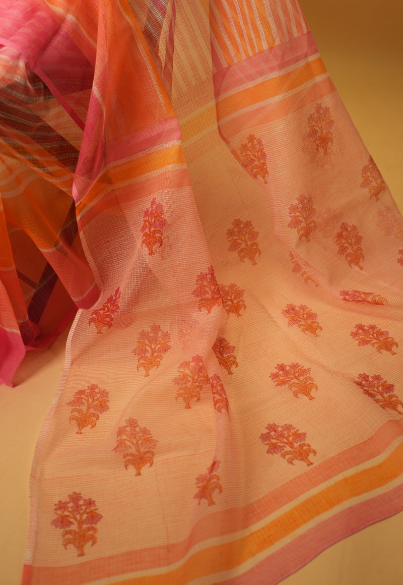 Pink Floral Sanganeri Hand Block Print Kota Doria Saree