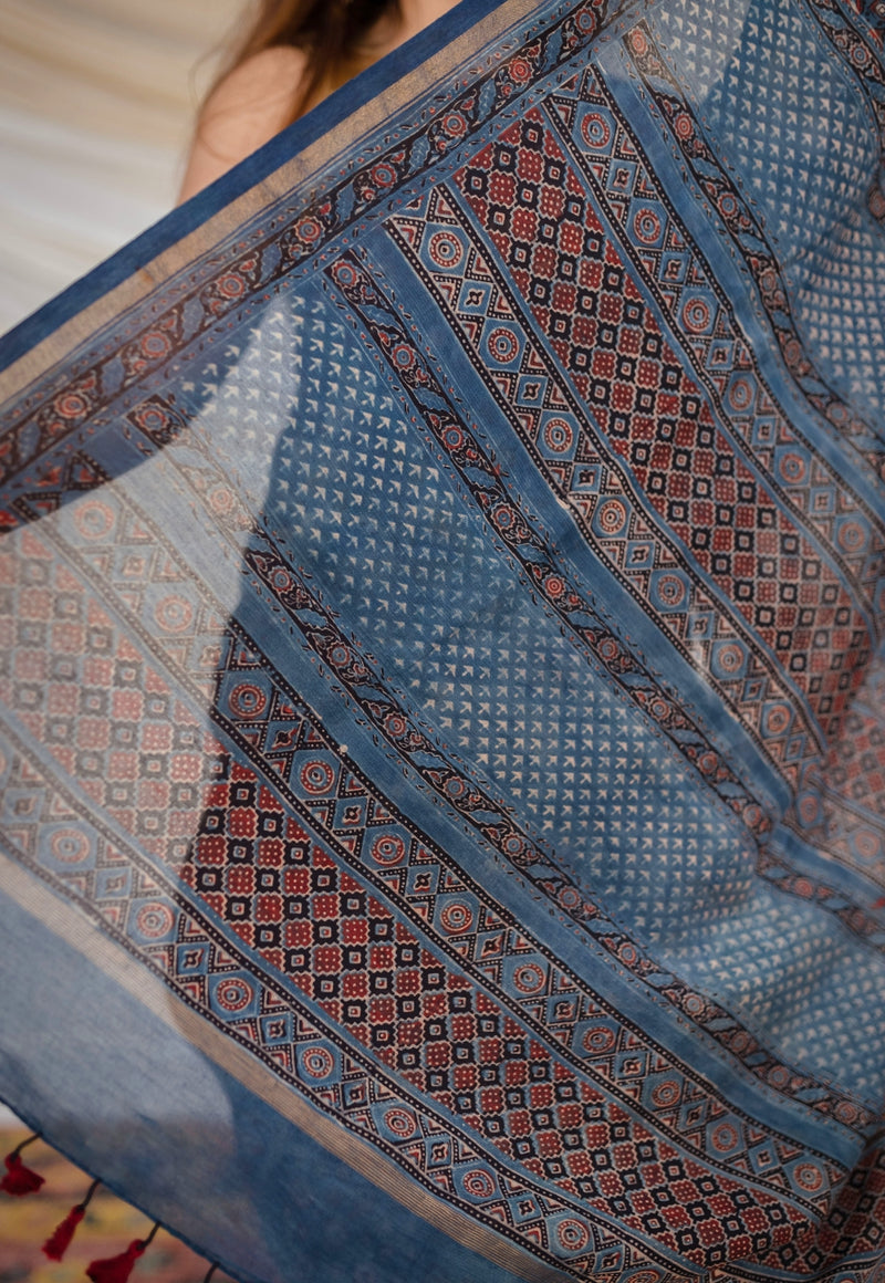 Blue Ajrakh Hand Block Printed Chanderi Silk saree