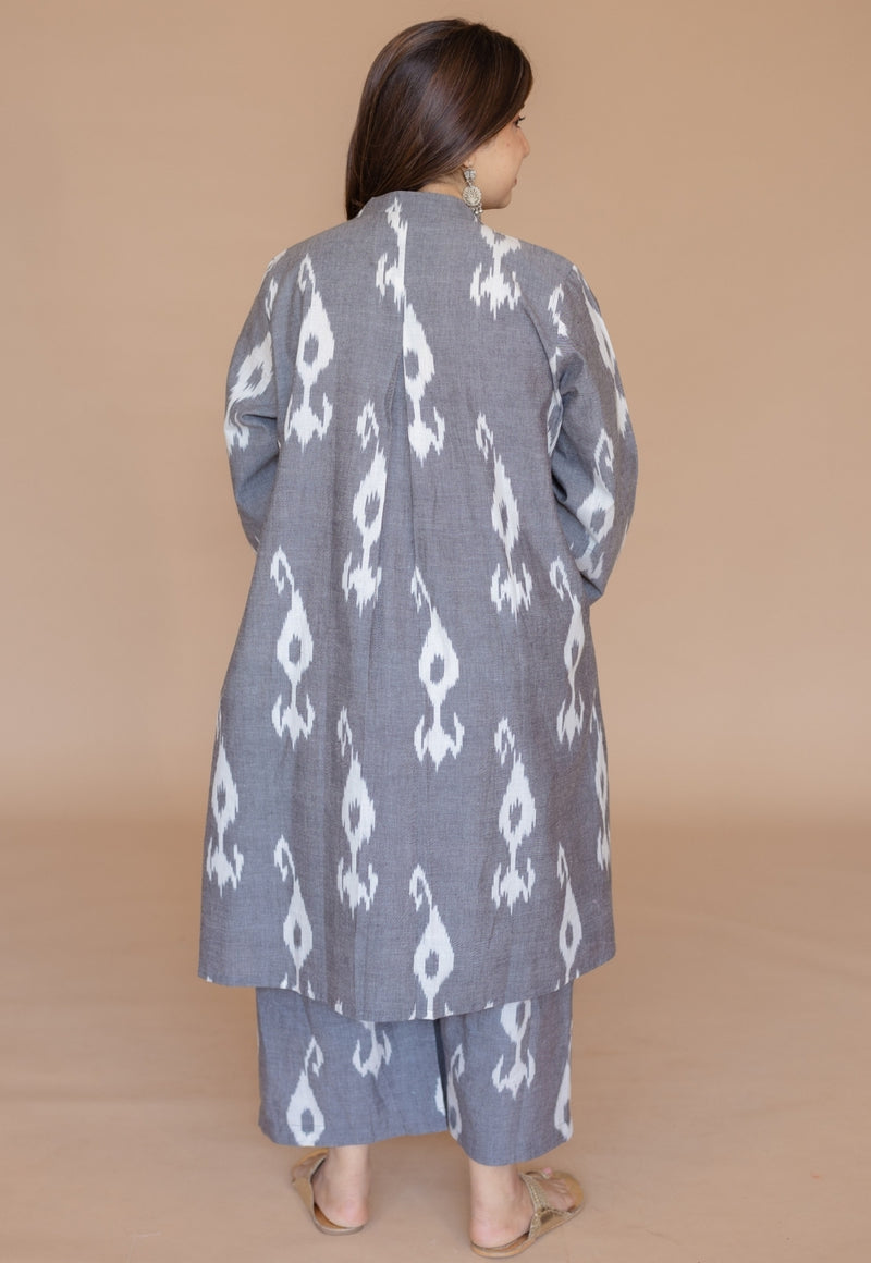 Ayaat Grey Handloom Ikkat Cotton Straight Kurta