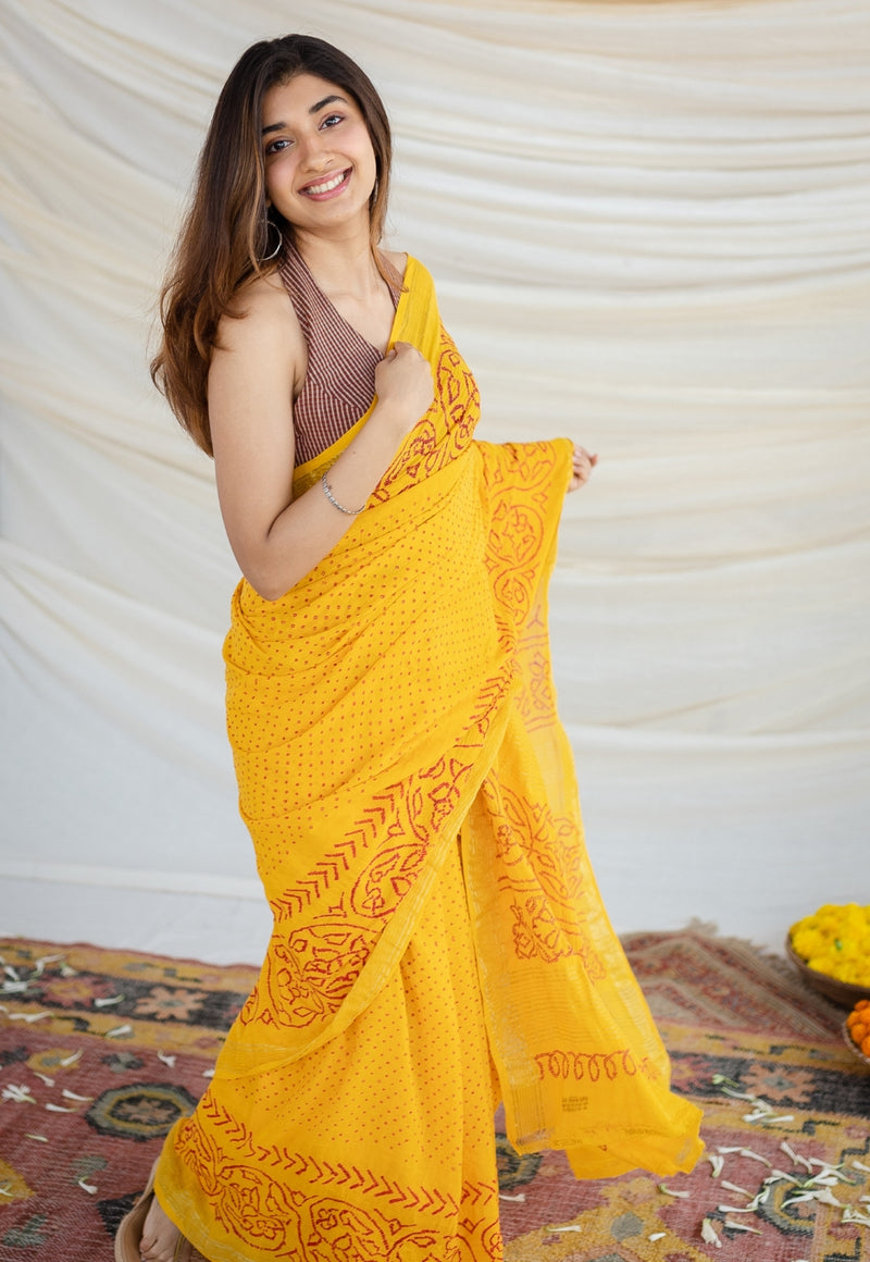 Yellow Bandhani Cotton Saree