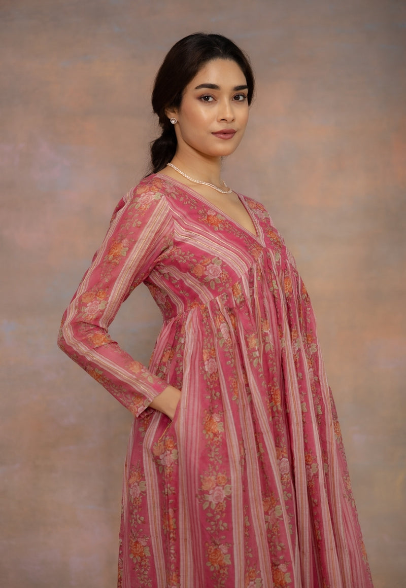 Rooz Pink Sanganeri Chanderi Silk A Line Kurta with Lace Detailing