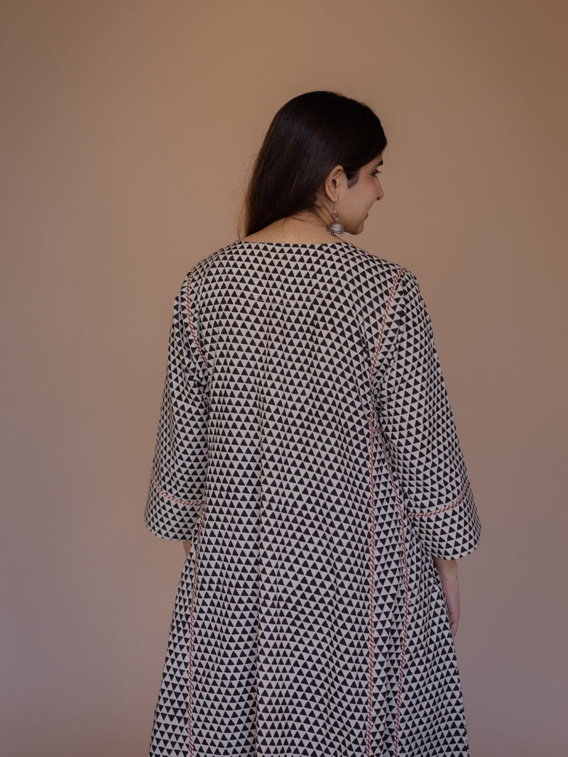 Nyra Off White Bagru Cotton Jhabbha Kali Kurta with Embroidery