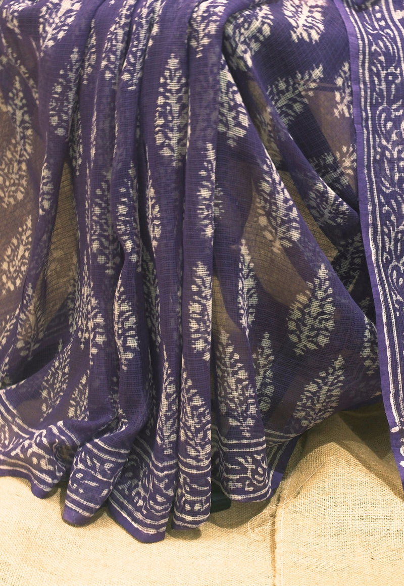 Purple Butta Dabu Hand Block Print Kota Doria Saree