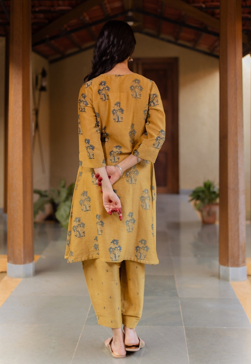 Daksha Mustard Ajrakh Chanderi Silk A Line Kurta with Hand Embroidery