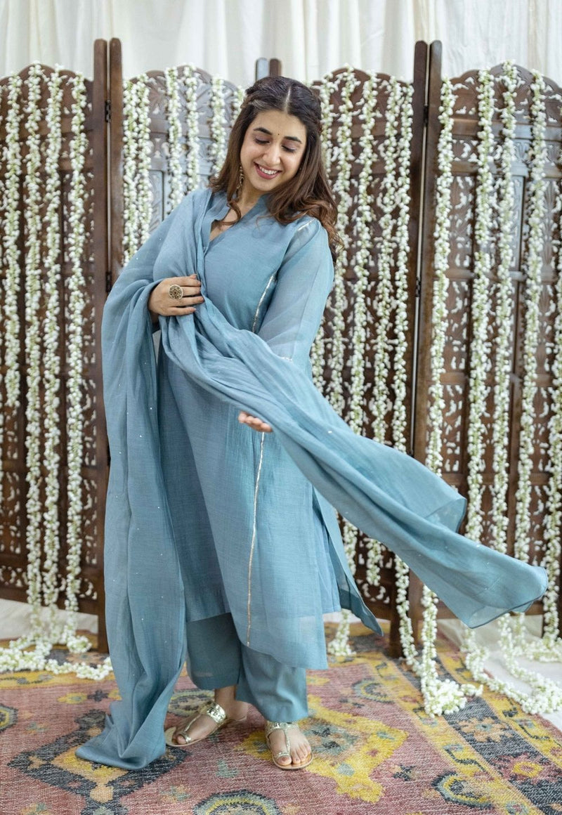 Tarani Light Blue Jhabba Kali Chanderi Silk Gota Patti Kurta Set (Set of 3)