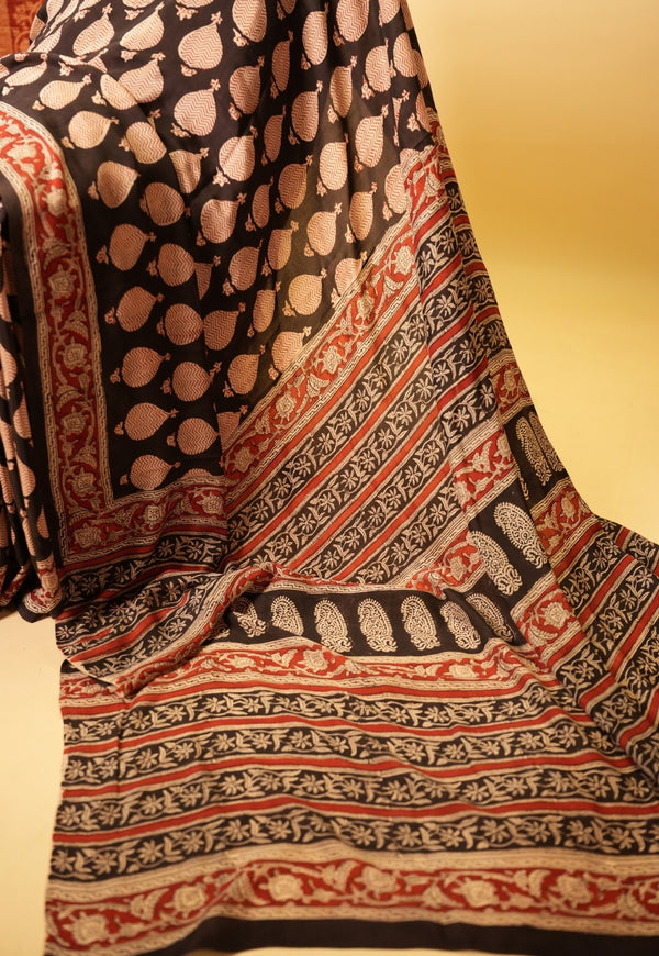 Black Butta Bagru Hand Block Print Modal Saree