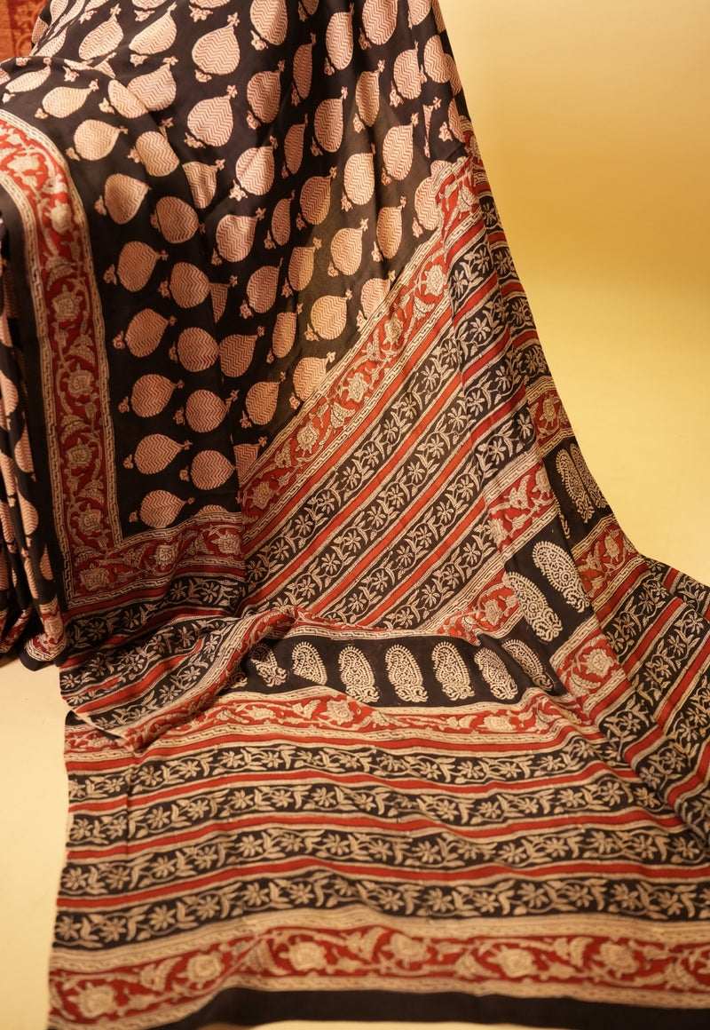 Black Butta Bagru Hand Block Print Modal Saree
