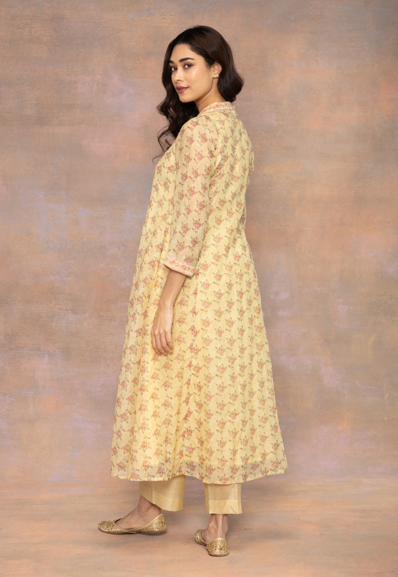 Rosa Yellow Sanganeri Chanderi Silk Kali Kurta