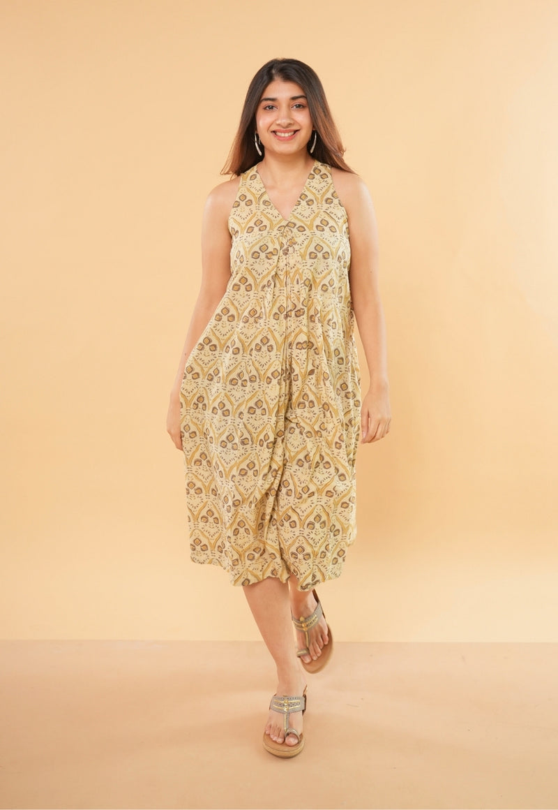 Eira Beige Ajrakh Cotton A Line Dress