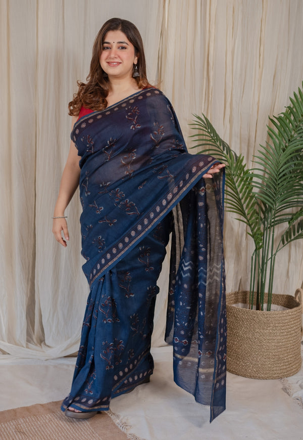 Indigo Floral Dabu Hand Block Printed Chanderi Silk Saree