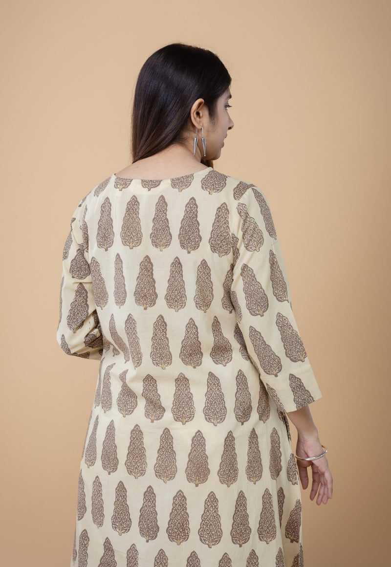 Daksha Beige Ajrakh Cotton A Line Kurta
