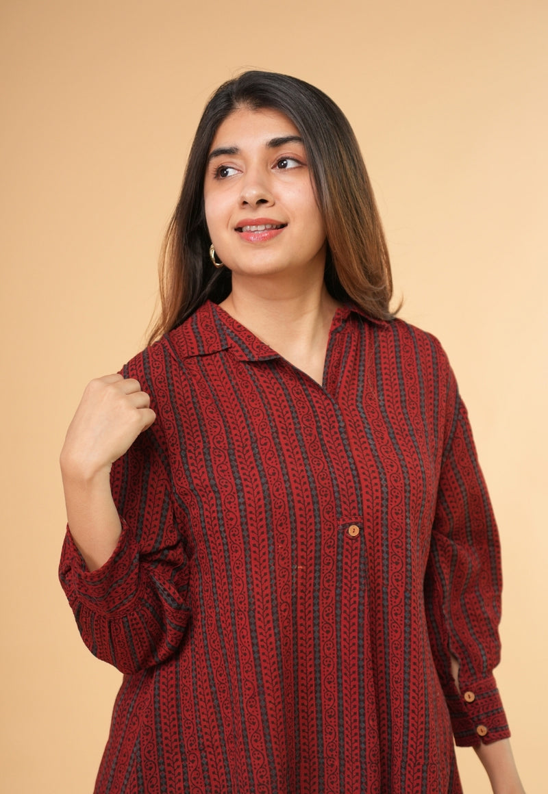 Ridah Red Ajrakh Crush Cotton A Line Dress