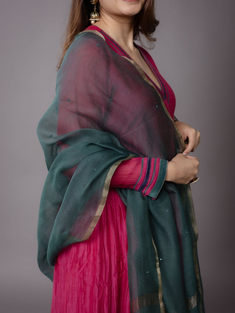 Green Solid Zari SIlk Net Dupatta with Hand Embroidery